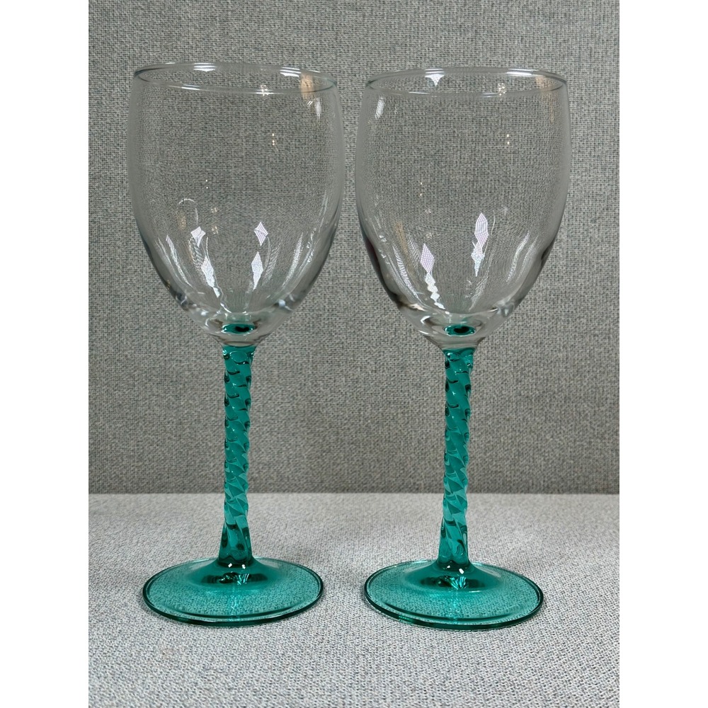 2 Vtg Angelique Aqua Green by Cristal D'Arques-Durand Twisted Stem Wine Glasses
